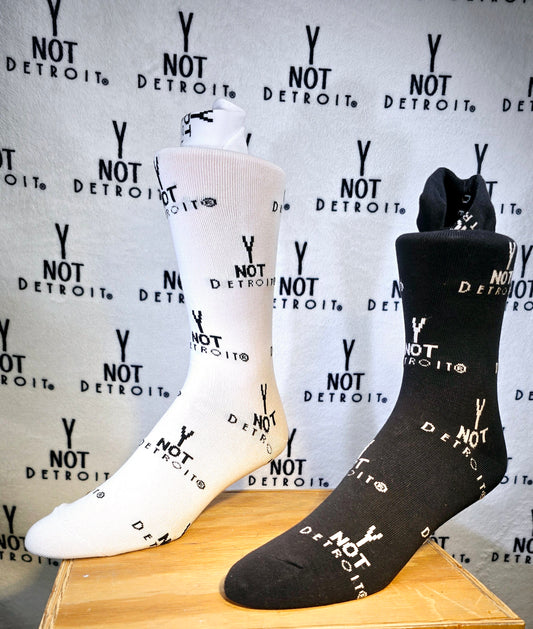 Cool Y NOT DETROIT Athletic Socks. Black & White.